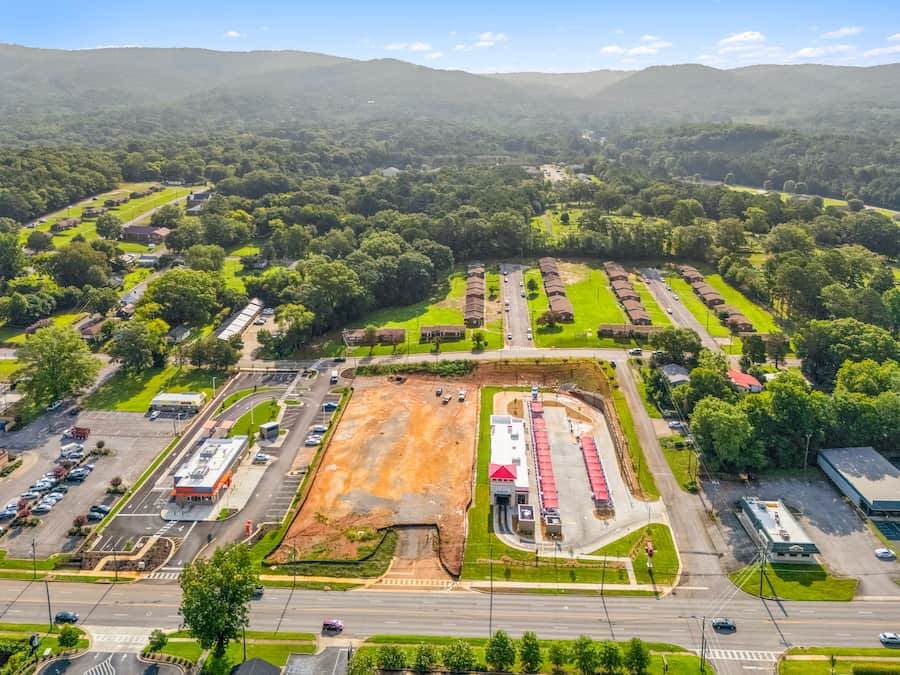 drone photo along pelham road of neighborhood around Sud Stop Car Wash 620 Pelham Rd S, Jacksonville, AL 36265