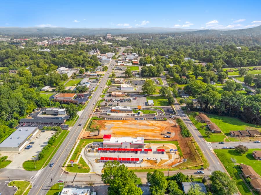 drone photo along pelham road of neighborhood around Sud Stop Car Wash 620 Pelham Rd S, Jacksonville, AL 36265